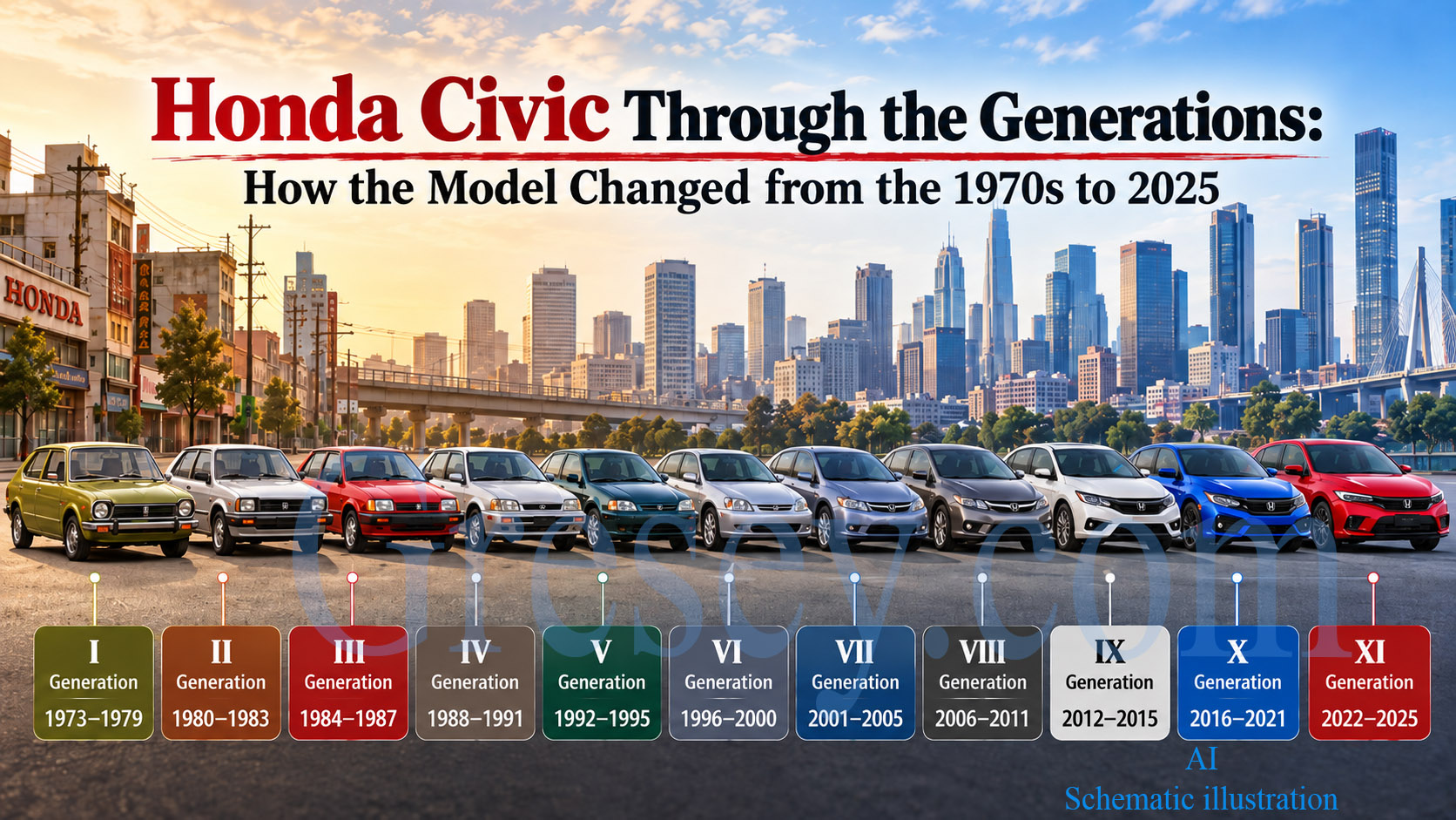 Honda Civic generation evolution from the 1970s to 2025. Еволюція поколінь Honda Civic від 1970-х років до 2025 року.