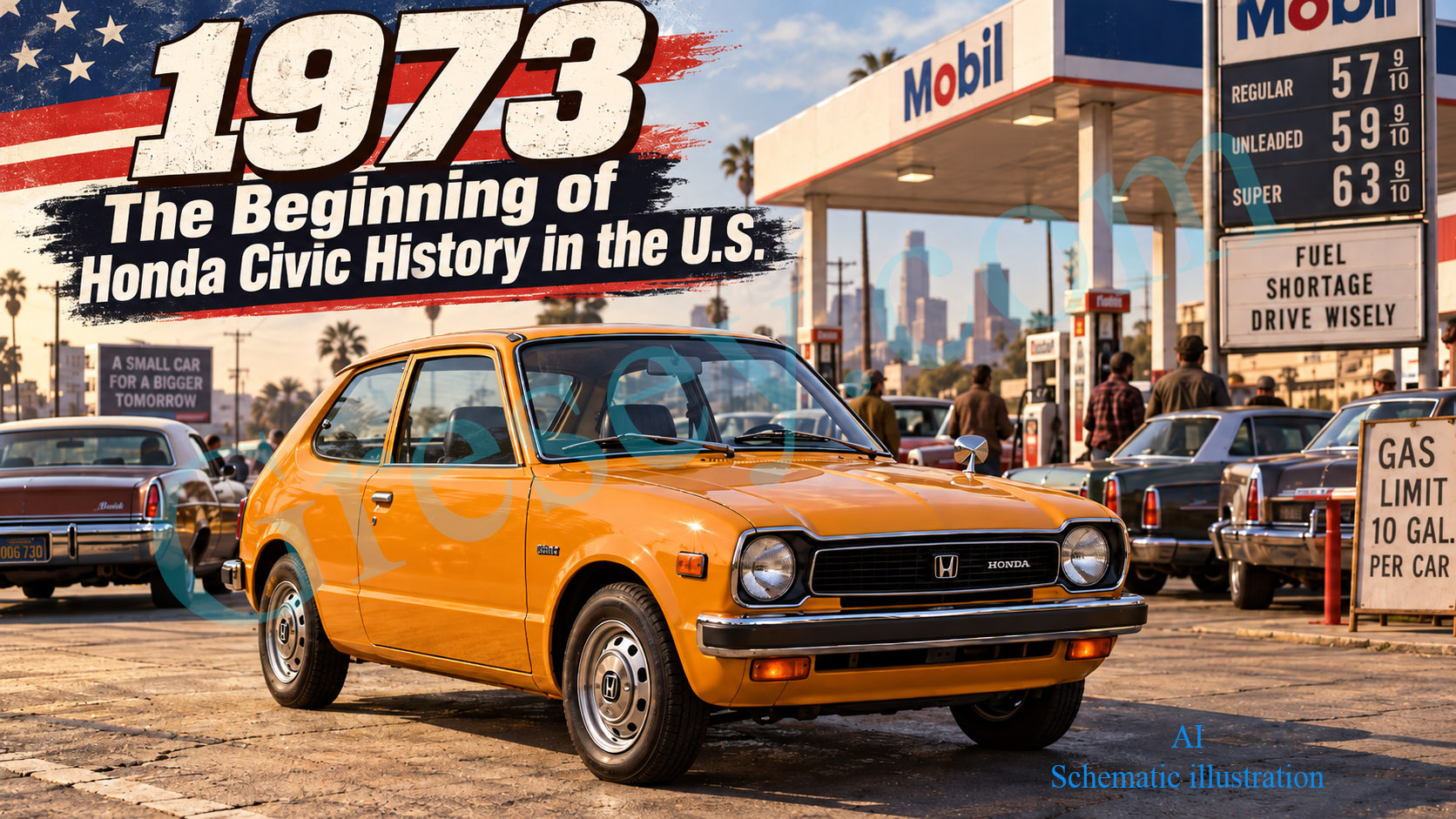 Orange early Honda Civic hatchback at a Mobil gas station in a 1970s American setting. Помаранчевий ранній хетчбек Honda Civic біля заправки Mobil в американському антуражі 1970-х років.