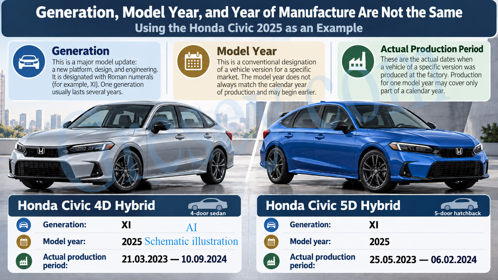 Honda Civic infographic comparing generation, model year, and production year. Інфографіка Honda Civic з порівнянням покоління, модельного року та року виробництва.
