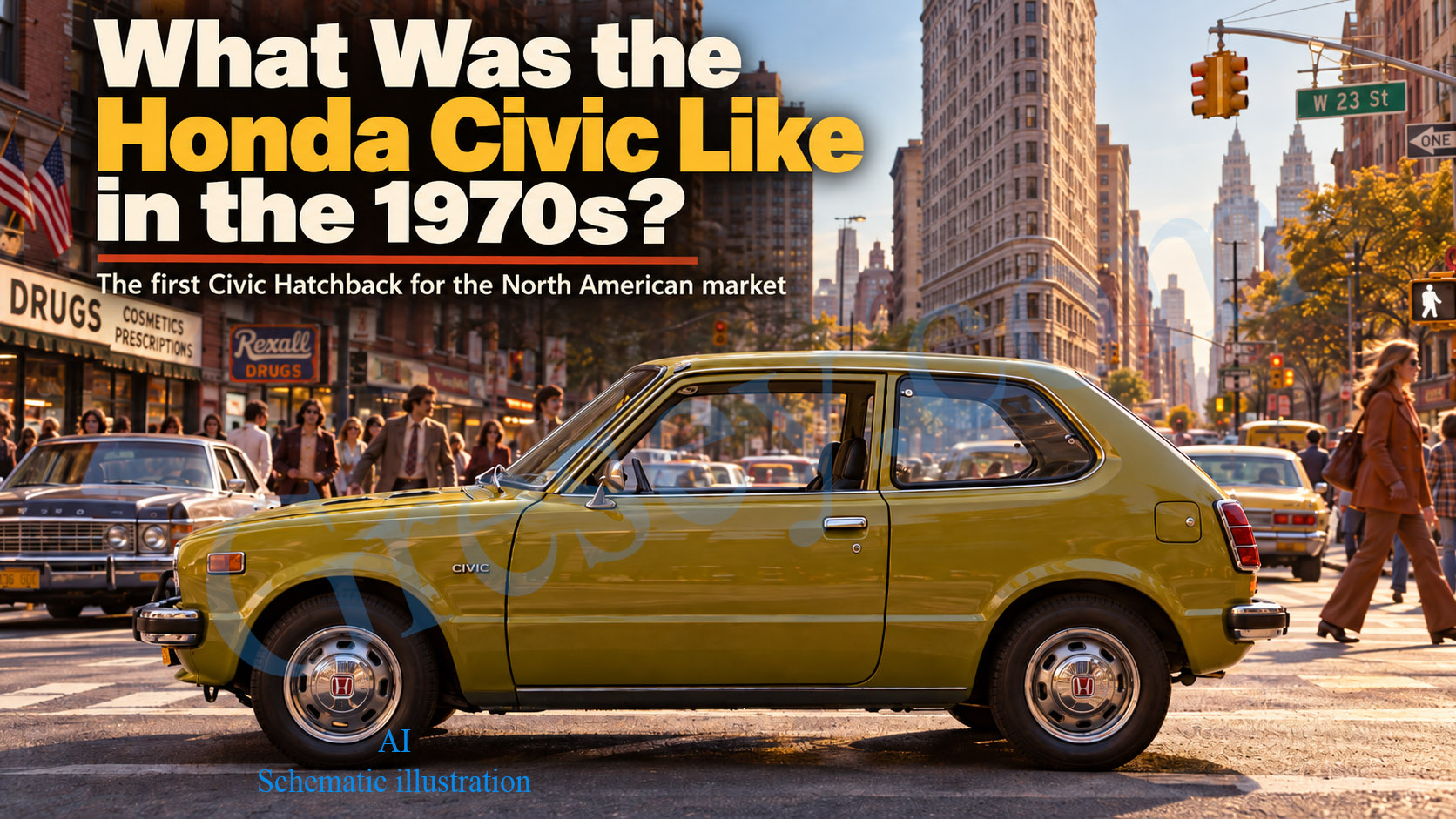 Early Honda Civic on a city street styled after the 1970s. Ранній Honda Civic на міській вулиці у стилі 1970-х років.