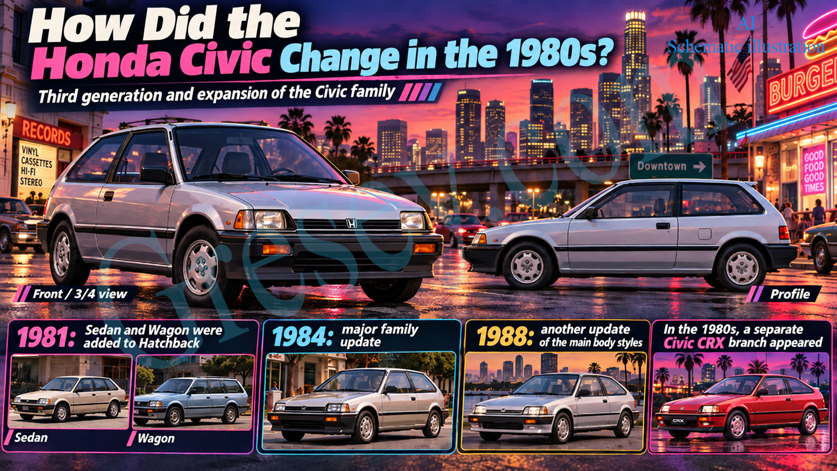 1980s Honda Civic illustrating the model evolution during the decade. Honda Civic 1980-х років, що ілюструє розвиток моделі протягом десятиліття.