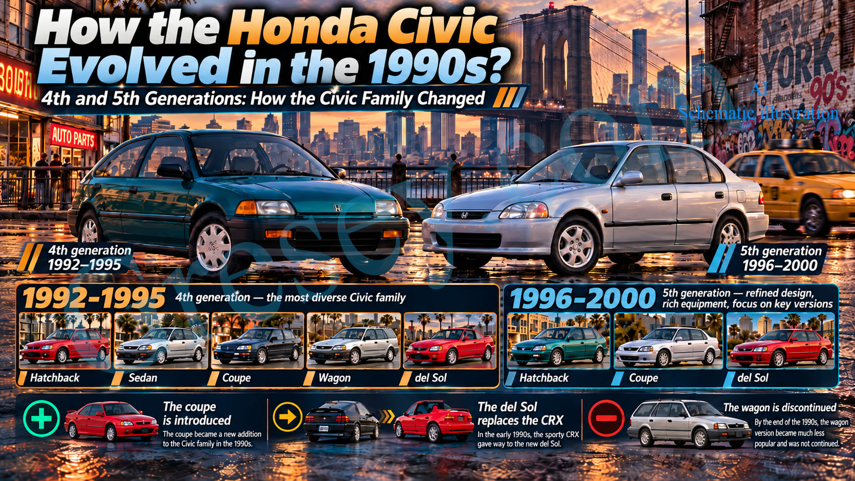 Honda Civic generations and body styles from the 1990s. Покоління та типи кузова Honda Civic 1990-х років.