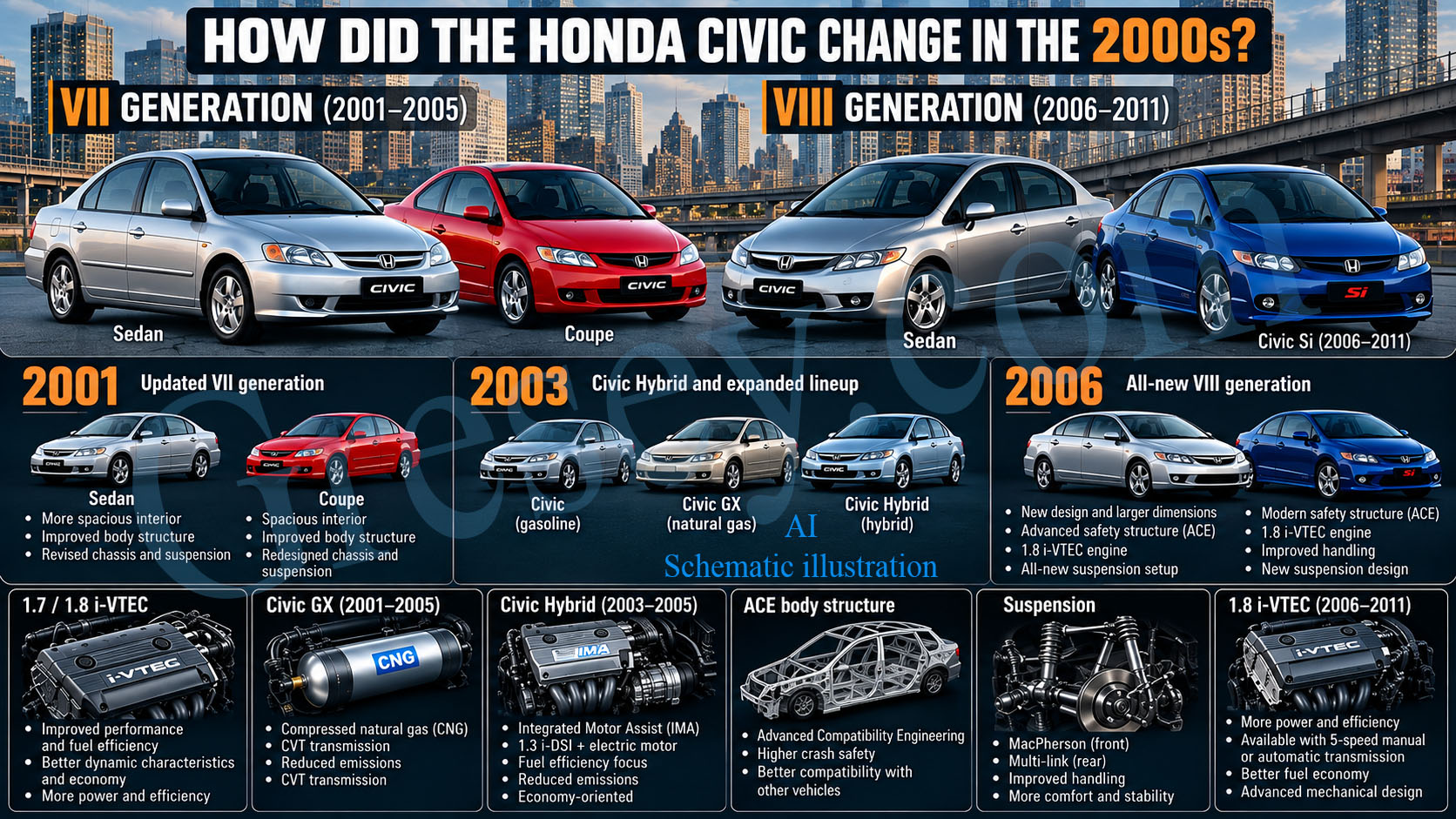 Honda Civic models and versions illustrating the changes of the 2000s. Моделі та версії Honda Civic, що показують зміни 2000-х років.