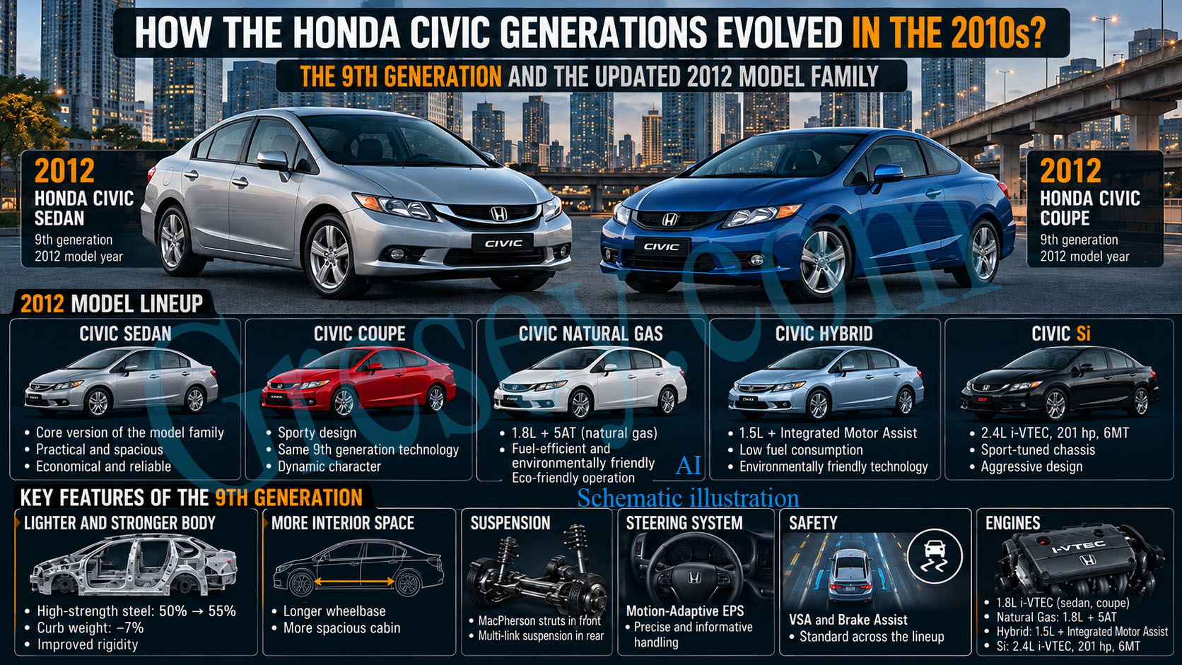 Ninth-generation Honda Civic models and body styles from the 2010s. Моделі та кузовні версії Honda Civic дев’ятого покоління у 2010-х роках.