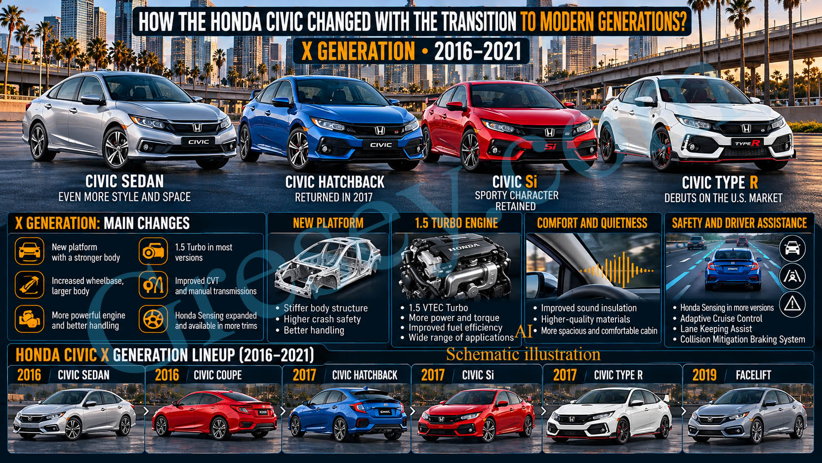 Tenth-generation Honda Civic variants highlighting the transition to modern generations. Версії десятого покоління Honda Civic, що показують перехід до сучасних поколінь.