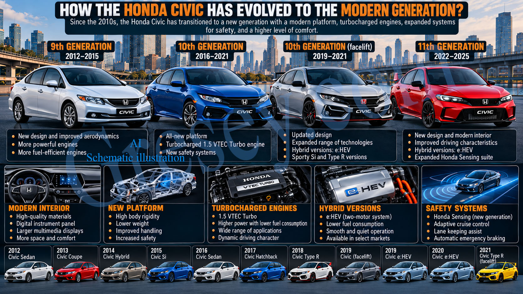 Updated eleventh-generation Honda Civic with hybrid variants for the 2025 and 2026 model years. Оновлений Honda Civic одинадцятого покоління з гібридними версіями 2025 і 2026 модельних років.