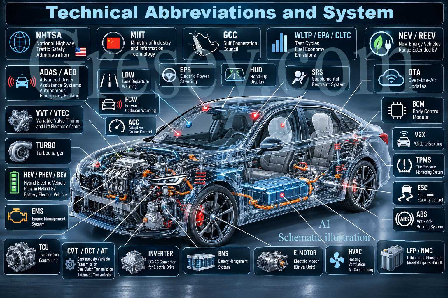 Infographic of automotive systems and technical abbreviations around a cutaway car diagram. Інфографіка автомобільних систем і технічних скорочень навколо схематичного зображення автомобіля.